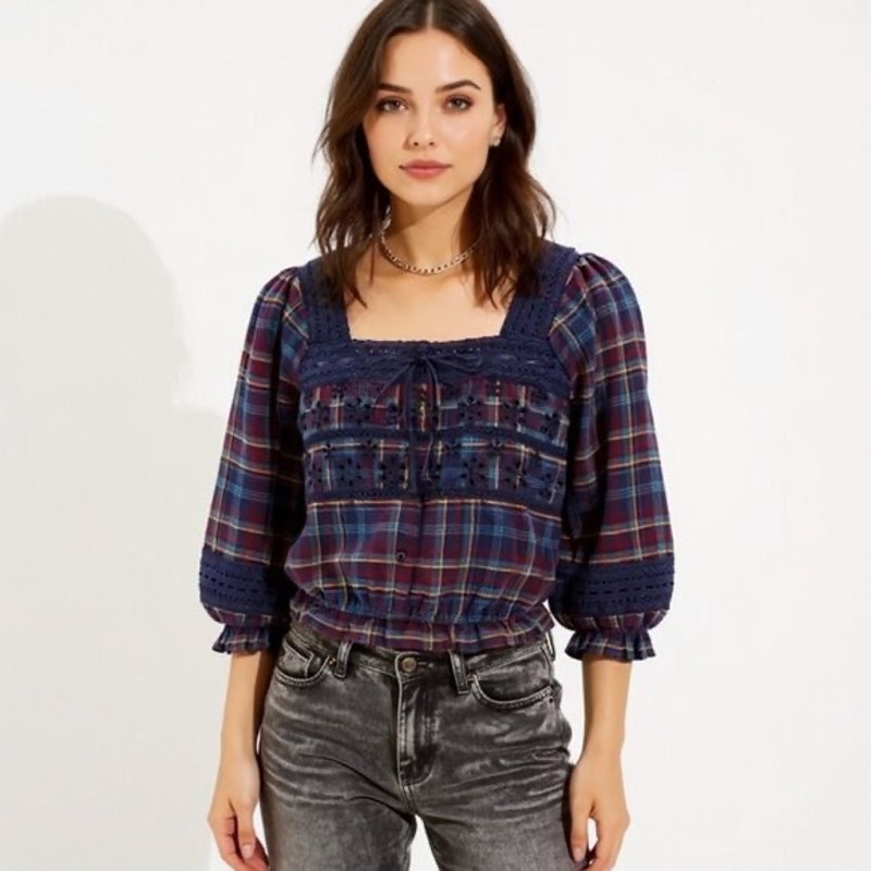 American Eagle Puff Sleeve Lace Plaid Cropped Cottage Core Blouse Top Size Small